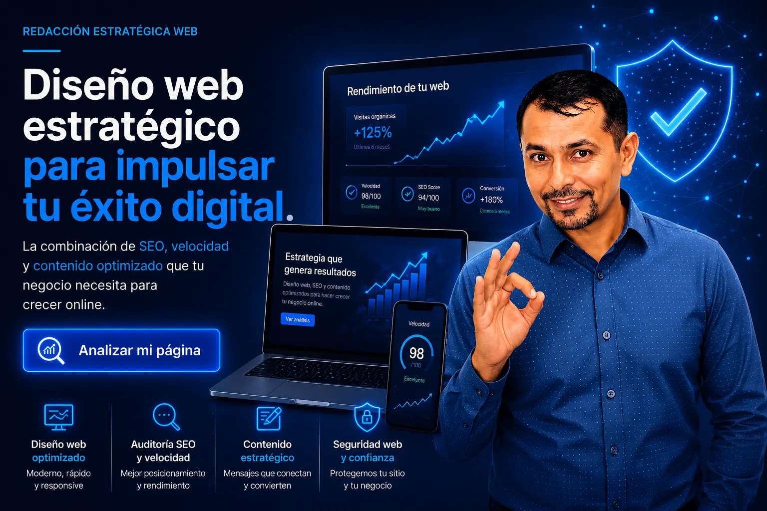 Creamos páginas web rápidas, modernas, seguras y optimizadas para SEO, pero también revisamos si tu mensaje conecta, genera confianza y convierte visitas en clientes reales